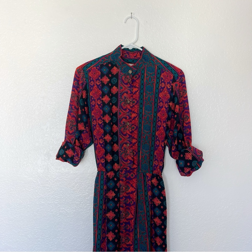 Vintage 80s Red Teal Pattern Secretary Dress 1980 Maximalist Print Matching Belt